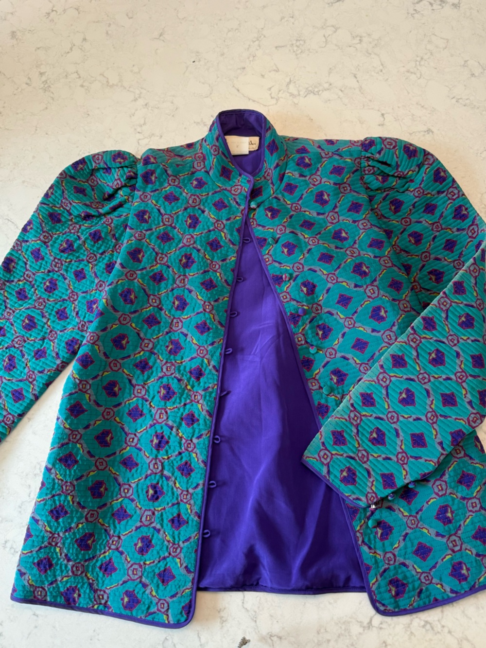 Vintage Mary McFadden Teal and Purple Quilted Blazer silk couture